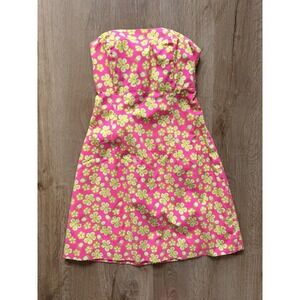 Vtg Lilly Pulitzer Hot Pink Dune Buggy Strapless Dress  Preppy Floral Sz 0 RARE